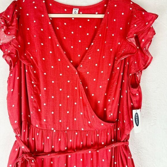 Old Navy Surplice Wrap Front Midi Dress Red Dots Size XXL NWT Tie Waist - Picture 7 of 13